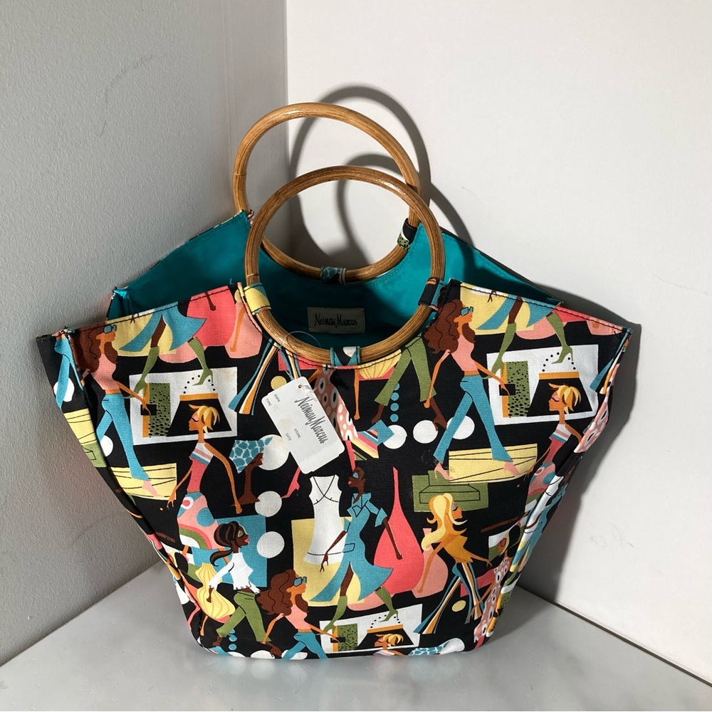 Neiman Marcus Teal & Multi-Color Graphic Tote w/ Bamboo Handles NWT